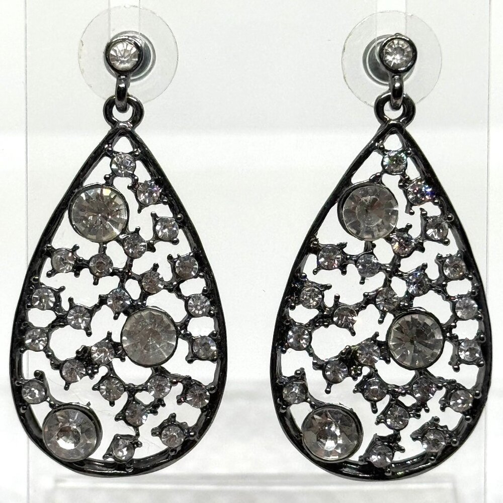 Dark gray gunmetal teardrop earrings with sparkling crystals